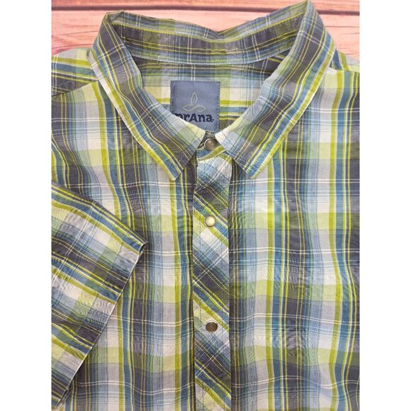 PrAna Mens Short Sleeve Button-Up Shirt Large Plaid Green & Blue Organic Cotton - Picture 4 of 8